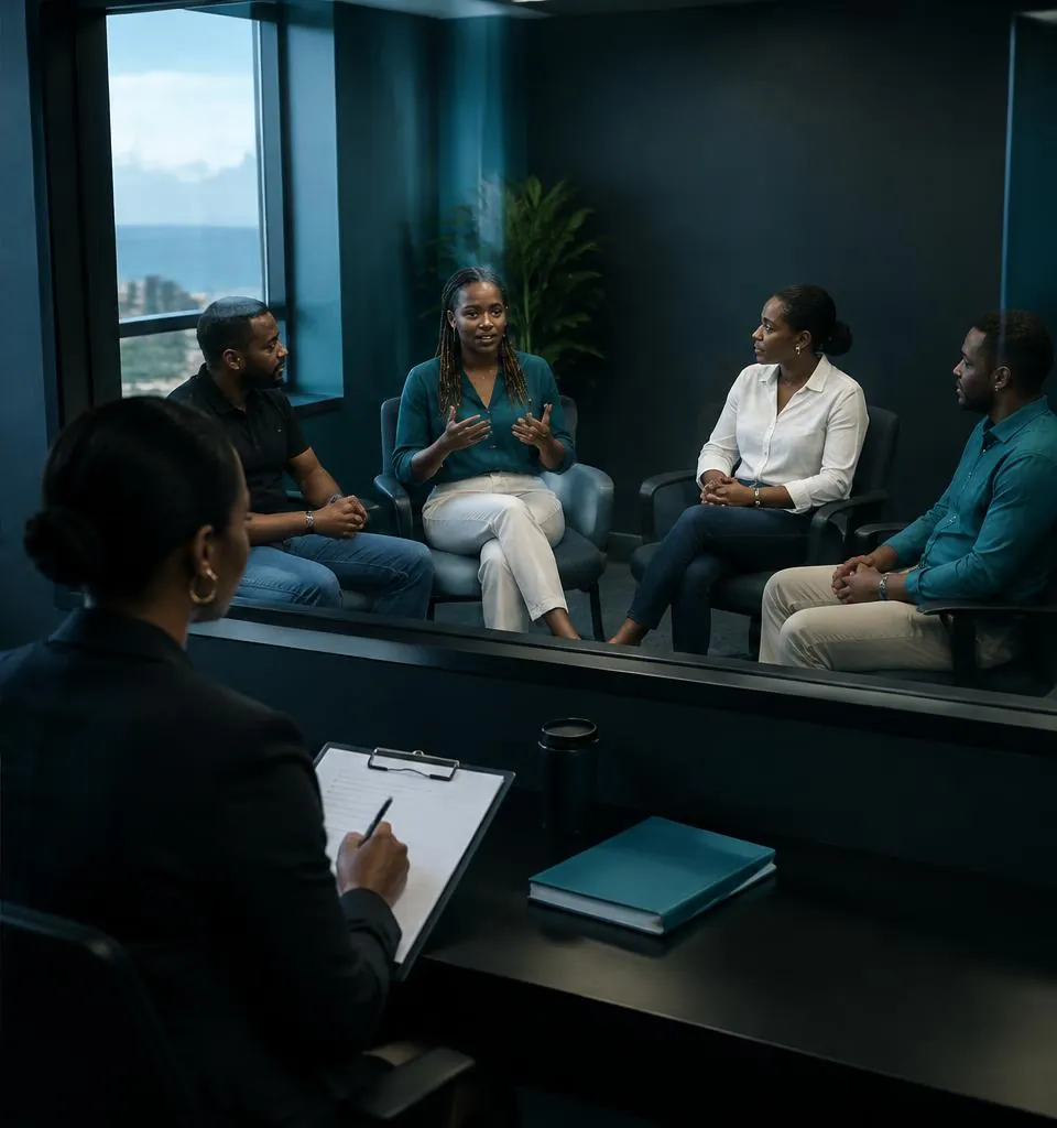 Sesión de grupo focal observada desde una sala de investigación